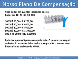 Nosso Plano De CompensaçãoVocê poder ter quantos indicados desejaPoder ser 10  20  30  50  100  10 X R$ 20,00 = R$ 200,0020 X R$ 20,00 = R$ 400,0030 X R$ 20,00 = R$ 600,0050 X R$ 20,00 = R$ 1.000,00100 X R$ 20,00 = R$ 2.000,00Cadastre apenas 5 pessoas e ajude estas 5 pessoas conseguir cadastra 5 cada uma delas assim você garante o seu sucesso financeiro na Web Renda MMN.Web Renda MMN   http://www.webrendammn.com