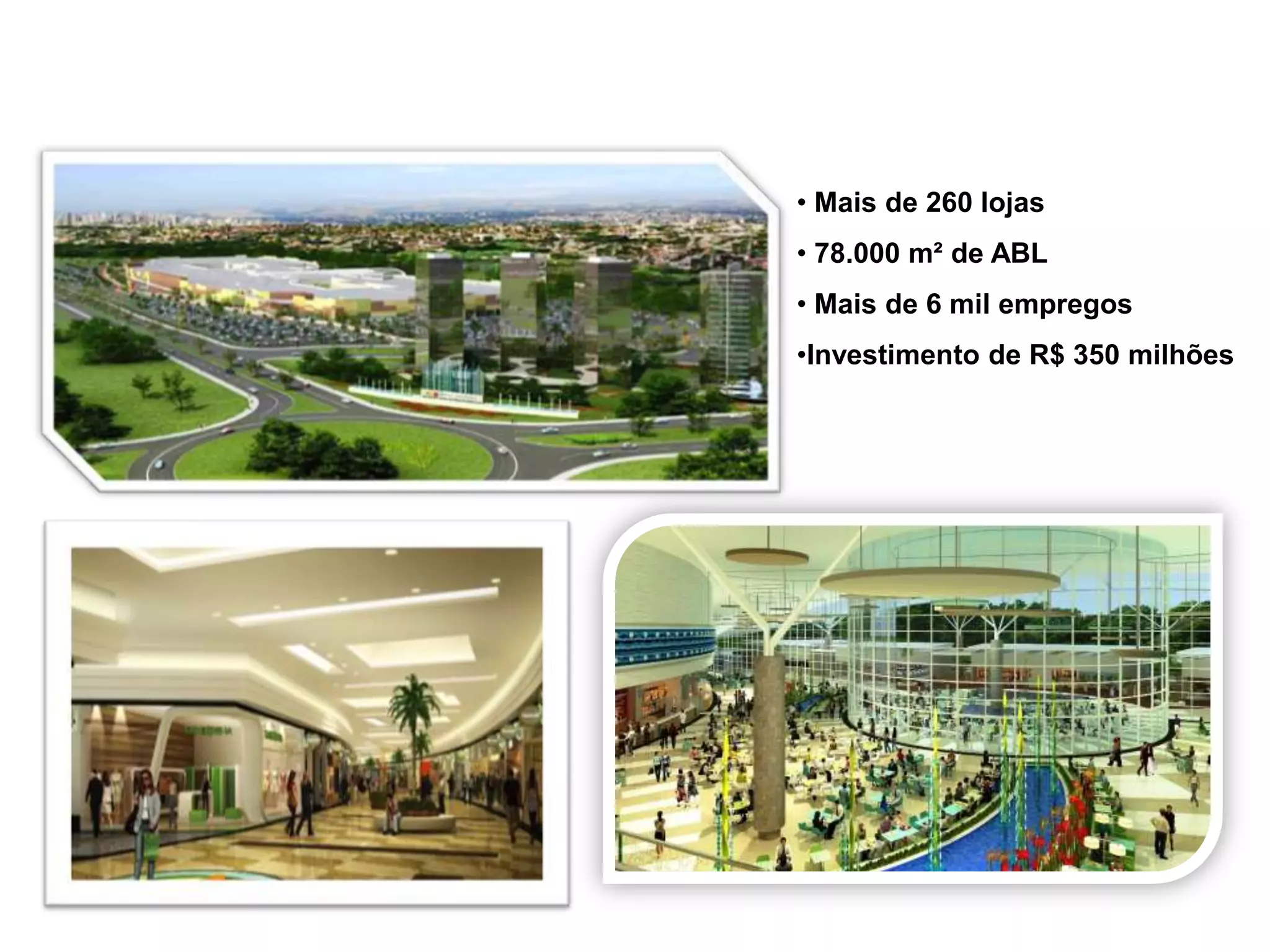• Mais de 260 lojas
• 78.000 m² de ABL
• Mais de 6 mil empregos
•Investimento de R$ 350 milhões