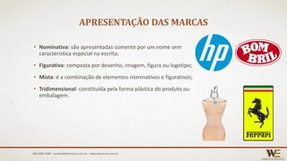 APRESENTAÇÃO DAS MARCAS
• Nominativa: são apresentadas somente por um nome sem
característica especial na escrita;
• Figurativa: composta por desenho, imagem, figura ou logotipo;
• Mista: é a combinação de elementos nominativos e figurativos;
• Tridimensional: constituída pela forma plástica do produto ou
embalagem.
(85) 3495.4400 - contato@wemarcas.com.br - www.wemarcas.com.br
 