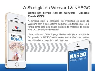 A Sinergia da Wenyard & NASGO
Bonus Em Tempo Real na Wenyard – Directos
Para NASGO
A sinergia entre o programa de marketing de rede da
Wenyard com o seu sistema de bónus em tempo real - e a
forma como esta está ligada ao jogo do mercado de ações
NASGO - cria liquidez imediata.
Uma parte do bónus é pago diretamente para uma conta
Obrigatória no NASGO onde esses fundos têm com destino
ser utilizados no jogo de comércio virtual.

 