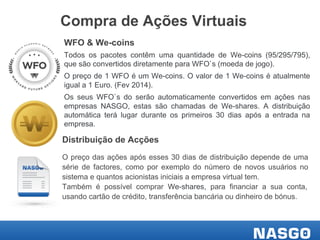 Compra de Ações Virtuais
WFO & We-coins
Todos os pacotes contêm uma quantidade de We-coins (95/295/795),
que são convertidos diretamente para WFO`s (moeda de jogo).
O preço de 1 WFO é um We-coins. O valor de 1 We-coins é atualmente
igual a 1 Euro. (Fev 2014).
Os seus WFO`s do serão automaticamente convertidos em ações nas
empresas NASGO, estas são chamadas de We-shares. A distribuição
automática terá lugar durante os primeiros 30 dias após a entrada na
empresa.

Distribuição de Acções
O preço das ações após esses 30 dias de distribuição depende de uma
série de factores, como por exemplo do número de novos usuários no
sistema e quantos acionistas iniciais a empresa virtual tem.
Também é possível comprar We-shares, para financiar a sua conta,
usando cartão de crédito, transferência bancária ou dinheiro de bónus.

 