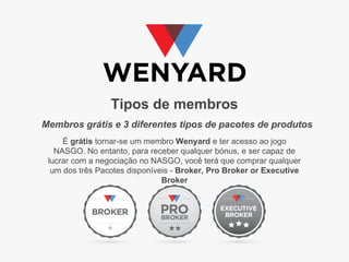 Tipos de membros
Membros grátis e 3 diferentes tipos de pacotes de produtos
É grátis tornar-se um membro Wenyard e ter acesso ao jogo
NASGO. No entanto, para receber qualquer bónus, e ser capaz de
lucrar com a negociação no NASGO, você terá que comprar qualquer
um dos três Pacotes disponíveis - Broker, Pro Broker or Executive
Broker

 