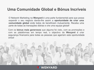 Uma Comunidade Global e Bónus Incríveis
O Network Marketing na Wenyard é uma parte fundamental para que possa
expandir o seu negócio dando-lhe assim a oportunidade de criar uma
comunidade global onde todos de beneficiam mutuamente. Receba uma
parte de todas as transações diárias e crie uma equipa global!
Com os bónus mais generosos que alguma foi visto, com as promoções e
com as plataformas em tempo real, o objectivo da Wenyard é criar
segurança financeira para todas as pessoas que agarrem esta oportunidade
única!

 