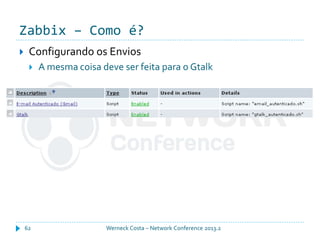 Zabbix – Como é?
Werneck Costa – Network Conference 2013.262
 Configurando os Envios
 A mesma coisa deve ser feita para o Gtalk
 