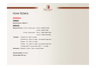 FICHA TÉCNICA
RESIDENCIAL
TERRENO
Área do terreno: 7.486,57 m²

PRODUTO:
Número de Torres: 2 Torres – 06 por andar - Torre A - REGENT’S PARK
                                             Torre B - JAMES’S PARK
                   2 Torres – 04 por andar - Torre C - TORRE GREEN PARK
                                             Torre D - TORRE HYDE PARK
Tipologias:   4 Gardens 3 D - 93m² c/ 2 vagas
              8 Gardens 4 D - 126m² c/ 2 vagas - com opção de vaga extra
              56 Aptos 3 D - 93m² c/ 2 vagas
              72 Aptos 4 D - 126m² c/ 2 vagas - com opção de vaga extra
              12 Duplex 219m² + terraço (aprox. 58m²)     c/ 4 vagas
Pavimentos: 2 Subsolos + Térreo + 7 tipos + superior duplex


Total de Unidades: 152 aptos
Total de Vagas: 350 vagas
 