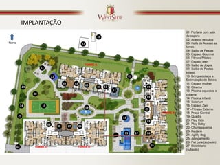 IMPLANTAÇÃO
                                                                                                                                       01- Portaria com sala
                                                                           26                                                          de espera
                                                                                                                                       02- Acesso veículos
Norte                                                           27                                                                     03- Halls de Acesso as
                                                                                                 01                01                  torres
                                                                                                                                       04- Salão de Festas
                                                                                                                                       05- Espaço Gourmet
                                                                                                                                       06- Fitness/Pilates
                                                                                                                                       07- Espaço teen
                                                                 TORRE A                                                               08- Salão de Jogos
                       22                                                                                                              09- Salão de Festas
                                                                                                                                       Infantil
                                  21                                                                   01                              10- Brinquedoteca e
                                                                                                                                       Estimulação de Bebês
                                            09        03                                                                               11- Espaço mulher
                                                                     10
             23                                                            03         11                           04                  12- Cinema
                                                                                           12                                          13- Piscina aquecida e
                  20                                                                                                                   coberta
                                                                                                                   03                  14- Piscina infantil
                                                                                21m                                                    15- Solarium
         24             19                                                                                                             16- Espaço Zen
                                                                     18
                                                                                                                  05                   17 –Fitness Externo
                                                                                                                             TORRE B   18- Praça Central
        25                                                                                                                             19- Quadra
                                                                                                 14
                                                                                                                   03                  20- Play Kids
                             03                                                                                                        21- Play Baby
                                       08        07        03                                                                          22- Churrasqueiras
                                                                03
                                                                                                                                       23- Redário
                                                                                                  13         17    06
                                                                                            15                                         24- Agility dog
                                                                                                 26m
                                                                                                        03
                                                                                                                                       25- Alongamento
                                                                                                                                       26- Pet care (subsolo)
                                                                                                                        16             27- Bicicletario
    02            TORRE C                              TORRE D
                                                                                                                                       (subsolo)
 