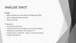ANÁLISE SWOT
Forças
 Marca pioneira no mercado de refrigerantes Diet
 Marca integralmente nacional
 Preço acessível
Fraquezas
 Comunicação deficiente
 Falta de Comunicação Integrada e poucas ações digitais
 Rejeição de consumidores das classes A e B
 Produtos pouco conhecidos – Apenas o Guaraná é popular
 Imagem enfraquecida
 