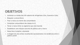 OBJETIVOS
 Aumentar as vendas dos três sabores de refrigerante (Uva, Guaraná e Cola)
 Bloquear a concorrência
 Fixar a marca na mente dos consumidores
 Conquistar consumidores das classes A e B
 Tornar a marca forte no segmento que está inserida
 Estabelecer uma relação concreta do público com a marca
 Nosso foco é ampliar a demanda
 A imagem de uma artista reconhecida nacionalmente cria tendências entre o
público jovem
 