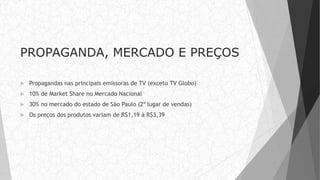 PROPAGANDA, MERCADO E PREÇOS
 Propagandas nas principais emissoras de TV (exceto TV Globo)
 10% de Market Share no Mercado Nacional
 30% no mercado do estado de São Paulo (2º lugar de vendas)
 Os preços dos produtos variam de R$1,19 à R$3,39
 