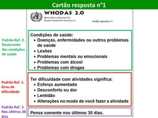 Cartão	resposta	n°1	
Padrão	Ref.	1.	
Grau	de	
diﬁculdade	
Padrão	Ref.	2.	
Decorrente	
das	condições	
de	saúde	
Padrão	Ref.	3.	
Nos	úlVmos	30	
dias	
 