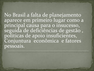 No Brasil a falta de planejamento aparece em primeiro lugar como a principal causa para o insucesso, seguida de deficiências de gestão , políticas de apoio insuficientes, Conjuntura  econômica  e fatores pessoais. 