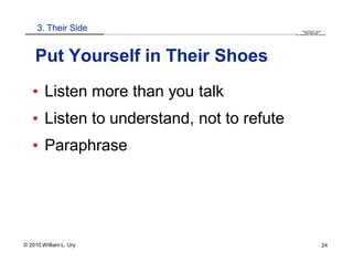 3. Their Side                                                                                                                                                                               QuickTime™ and a
                        .............................................................................................................................................................. are needed to see this picture.
                                                                                                                                                                                               decompressor




    Put Yourself in Their Shoes
   • Listen more than you talk
   • Listen to understand, not to refute
   • Paraphrase




© 2010 William L. Ury                                                                                                                                                                                               24
 