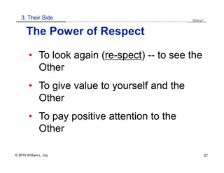 3. Their Side                                                                                                                                                                                 QuickTime™ and a
                        .............................................................................................................................................................. are needed to see this picture.
                                                                                                                                                                                               decompressor




       The Power of Respect

        • To look again (re-spect) -- to see the
          Other
        • To give value to yourself and the
          Other
        • To pay positive attention to the
          Other

© 2010 William L. Ury                                                                                                                                                                                               27
 