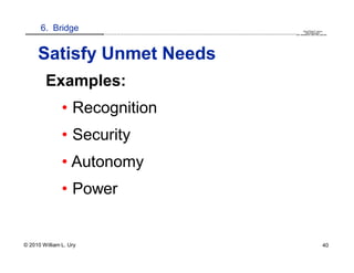 6. Bridge                                                                                                                                                                                  QuickTime™ and a
                        .............................................................................................................................................................. are needed to see this picture.
                                                                                                                                                                                               decompressor




     Satisfy Unmet Needs
        Examples:
               • Recognition
               • Security
               • Autonomy
               • Power


© 2010 William L. Ury                                                                                                                                                                                               40
 