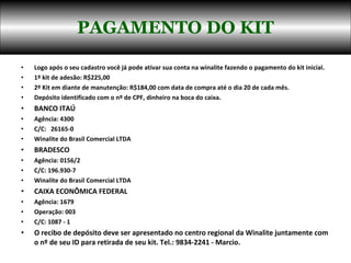 Logo após o seu cadastro você já pode ativar sua conta na winalite fazendo o pagamento do kit inicial.  1º kit de adesão: R$225,00  2º Kit em diante de manutenção: R$184,00 com data de compra até o dia 20 de cada mês.  Depósito identificado com o nº de CPF, dinheiro na boca do caixa.  BANCO ITAÚ  Agência: 4300  C/C:  26165-0  Winalite do Brasil Comercial LTDA  BRADESCO  Agência: 0156/2  C/C: 196.930-7 Winalite do Brasil Comercial LTDA  CAIXA ECONÔMICA FEDERAL  Agência: 1679  Operação: 003  C/C: 1087 - 1 O recibo de depósito deve ser apresentado no centro regional da Winalite juntamente com o nº de seu ID para retirada de seu kit. Tel.: 9834-2241 - Marcio. PAGAMENTO DO KIT 