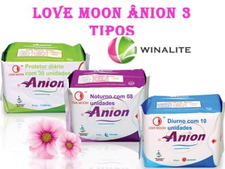 LOVE MOON ÂNION 3
TIPOS
Protetor diário
com 30 unidades
Noturno com 08
unidades
Diurno com 10
unidades
 