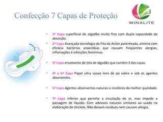 • 1ª Capa superficial de algodão muito fino com dupla capacidade de
absorção.
• 2ª Capa Avançada tecnologia da Fita de Anion patenteada, elimina com
eficácia bactérias anaeróbias que causam freqüentes alergias,
inflamações e infecções femininas.
• 3ª Capa envolvente de tela de algodão que contém 3 das capas.
• 4ª e 6º Capa Papel ultra suave livre de pó sobre e sob os agentes
absorventes.
• 5ª Capa Agentes absorventes naturais e incolores da melhor qualidade.
• 7ª Capa inferior que permite a circulação do ar, mas impede a
passagem de líquido. Com adesivos naturais similares ao usado na
elaboração de chiclete. Não deixam resíduos nem causam alergia.
 