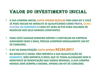 VALOR DO INVESTIMENTO INICIAL
• A SUA COMPRA INICIAL CUSTA APENAS R$225,00 POR CADA KIT E VOCÊ
JÁ PODE INICIAR NA WINALITE SE QUALIFICANDO COMO PRATA, OURO,
PLATINA OU DIAMANTE E CADA KIT GERA 50 PVS PARA VOLUMES DE
NEGÓCIOS NOS SEUS GANHOS CONSTANTES.
• PARA VOCÊ GANHAR DINHEIRO RÁPIDO E CONTINUAR NA EMPRESA
GANHANDO MAIS E MAIS, PRECISA COMPRAR MENSALMENTE UM KIT
DE CONSUMO.
• O KIT DE MANUTENÇÃO CUSTA APENAS R$184,00!!!
• NA WINALITE É ASSIM, NÃO IMPORTA A SUA QUALIFICAÇÃO DE
DIAMANTE, NÃO IMPORTA O NÍVEL QUE SE TENHA ALCANÇADO NEM O
MONTANTE DE BONIFICAÇÃO QUE GANHA SEMANAL, A SUA COMPRA
MENSAL SERÁ SEMPRE A MESMA, APENAS UM KIT DE CONSUMO.
 