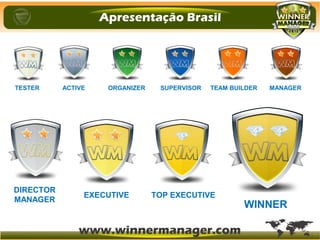 TOP EXECUTIVE
DIRECTOR
MANAGER
EXECUTIVE
TESTER ORGANIZERACTIVE SUPERVISOR TEAM BUILDER MANAGER
WINNER
 