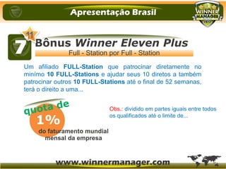Um afiliado FULL-Station que patrocinar diretamente no
minímo 10 FULL-Stations e ajudar seus 10 diretos a também
patrocinar outros 10 FULL-Stations até o final de 52 semanas,
terá o direito a uma...
Obs.: dividido em partes iguais entre todos
os qualificados até o limite de...
 