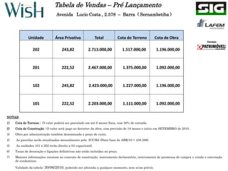 Tabela de Vendas – Pré Lançamento
                                 Avenida Lucio Costa , 2.578 – Barra ( Sernambetiba )




              Unidade           Área Privativa              Total              Cota do Terreno    Cota de Obra
                                                                                                                                 Vendas:


                 202                 243,82            2.713.000,00              1.517.000,00     1.196.000,00



                 201                 222,52            2.467.000,00              1.375.000,00     1.092.000,00



                 102                 243,82             2.423.000,00             1.227.000,00     1.196.000,00



                 101                 222,52            2.203.000,00              1.111.000,00     1.092.000,00


NOTAS:
1)   Cota de Terreno : O valor poderá ser parcelado em até 6 meses fixos, com 50% de entrada.
2)   Cota de Construção : O valor será pago no decorrer da obra, com previsão de 18 meses e início em SETEMBRO de 2010 .
3)   Obra por administração também denominada a preço de custo.
4)   As parcelas serão atualizadas mensalmente pelo ICC/RJ (Data base de ABR/10 = 438.386).
5)   As unidades 101 a 202 terão direito a 03 vagas/unid.
6)   Taxas de decoração e ligações definitivas não estão incluídas no preço.
7)   Maiores informações constam no contrato de construção, instrumento declaratório, instrumento de promessa de compra e venda e convenção
     de condomínio.

     Validade da tabela: 30/06/2010, podendo ser alterada a qualquer momento, sem aviso prévio.
 