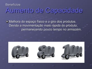 Benefícios Aumento de Capacidade   Melhora do espaço físico e o giro dos produtos. Devido a movimentação mais rápida do produto,  permanecendo pouco tempo no armazém. 