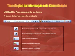 UNIDADE : Processamento de texto
A Barra de ferramentas Formatação
Diminuir a margem esquerda dos parágrafos seleccionados
Aumentar a margem esquerda dos parágrafos seleccionados
Colocar limites (contornos)
Sombrear o texto seleccionado
Alterar as cores dos caracteres
 