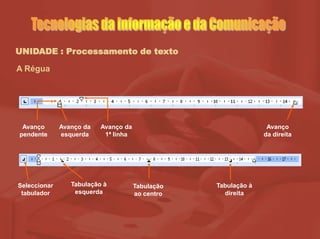 UNIDADE : Processamento de texto
A Régua
Avanço da
esquerda
Avanço da
1ª linha
Avanço
da direita
Avanço
pendente
Tabulação à
esquerda
Tabulação
ao centro
Tabulação à
direita
Seleccionar
tabulador
 