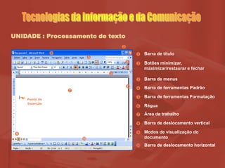 UNIDADE : Processamento de texto










Barra de título
Botões minimizar,
maximizar/restaurar e fechar
Barra de menus
Barra de ferramentas Padrão
Barra de ferramentas Formatação
Régua
Área de trabalho
Barra de deslocamento vertical
Modos de visualização do
documento
Barra de deslocamento horizontal










 Ponto de
Inserção
 