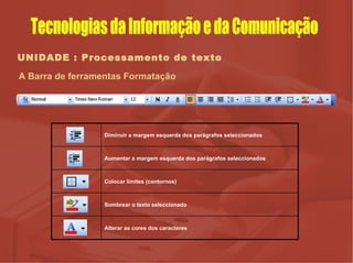 UNIDADE : Processamento de texto A Barra de ferramentas Formatação Tecnologias da Informação e da Comunicação Alterar as cores dos caracteres Sombrear o texto seleccionado Colocar limites (contornos) Aumentar a margem esquerda dos parágrafos seleccionados Diminuir a margem esquerda dos parágrafos seleccionados 