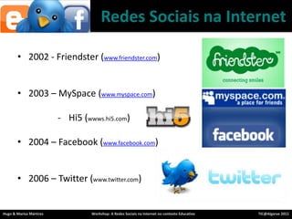 2002 - Friendster (www.friendster.com)2003 – MySpace (www.myspace.com)Hi5 (wwws.hi5.com)2004 – Facebook (www.facebook.com)2006 – Twitter (www.twitter.com)RedesSociaisna Internet