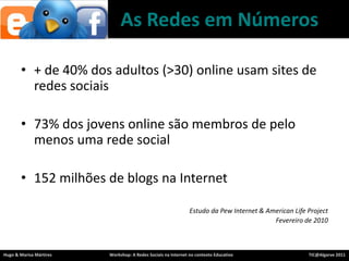 + de 40% dos adultos (>30) online usam sites de redessociais73% dos jovens online sãomembros de pelomenosumarede social152 milhões de blogs na Internet Estudo da Pew Internet & American Life ProjectFevereiro de 2010As RedesemNúmeros