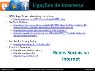 Ligações de InteresseBBC - SuperPower: Visualising the internethttp://news.bbc.co.uk/2/hi/technology/8562801.stmYouTube Statisticshttp://searchenginewatch.com/article/2073962/New-YouTube-Statistics-48-Hours-of-Video-Uploaded-Per-Minute-3-Billion-Views-Per-Dayhttp://www.viralblog.com/research/youtube-statistics/http://www.website-monitoring.com/blog/2010/05/17/youtube-facts-and-figures-history-statistics/Facebook’s Privacy Policyhttp://www.facebook.com/policy.phpProjectosEuropeushttp://www.saferinternet.orghttp://www.sigur.info/http://www.safetube.eu/RedesSociaisna Internet