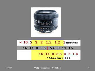 Escalas Tonais
                      Escala de níveis de cinzas RGB
 0     10% 20% 30% 40%                50%       60% 70% 80% 90% 100%


              Escala de reflexão (valores aproximados)

3%     4,2%    6%       9%     12%    18%       25% 32% 45% 63% 90%


                             Escala de Exposição

 -5     -4      -3       -2     -1      0        +1        +2     +3     +4     +5
stop   stop    stop     stop   stop   stop      stop      stop   stop   stop   stop



                 Workshop – Fotografia Digital Criativa                               21
 