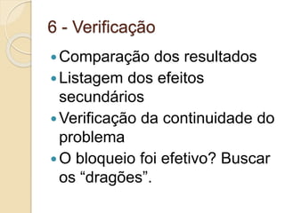 6 - Verificação
Comparação dos resultados
Listagem dos efeitos
secundários
Verificação da continuidade do
problema
O bloqueio foi efetivo? Buscar
os “dragões”.
 