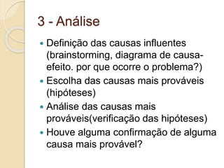 3 - Análise
 Definição das causas influentes
(brainstorming, diagrama de causa-
efeito. por que ocorre o problema?)
 Escolha das causas mais prováveis
(hipóteses)
 Análise das causas mais
prováveis(verificação das hipóteses)
 Houve alguma confirmação de alguma
causa mais provável?
 