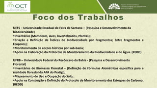 UEFS – Universidade Estadual de Feira de Santana – (Pesquisa e Desenvolvimento da 
biodiversidade) 
Inventários (Mamíferos, Aves, Invertebrados, Plantas); 
Criação e Definição de Índices de Biodiversidade por Fragmentos; Entre Fragmentos e 
Ecopolos); 
Monitoramento de corpos hídricos por sub-bacia; 
Apoio na Elaboração do Protocolo de Monitoramento da Biodiversidade e de Água. (REDD) 
UFRB – Universidade Federal do Recôncavo da Bahia - (Pesquisa e Desenvolvimento 
Florestal) 
Inventários de Biomassa Florestal – (Definição de Fórmulas Alométricas específica para a 
realidade florestal da APA do Pratigi); 
Mapeamento do Uso e Ocupação do Solo; 
Apoio na Construção e Definição do Protocolo de Monitoramento dos Estoques de Carbono. 
(REDD) 
 