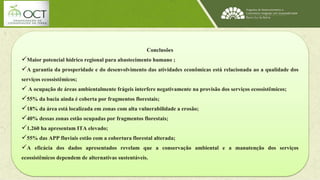 Conclusões 
Maior potencial hídrico regional para abastecimento humano ; 
A garantia da prosperidade e do desenvolvimento das atividades econômicas está relacionada ao a qualidade dos 
serviços ecossistêmicos; 
 A ocupação de áreas ambientalmente frágeis interfere negativamente na provisão dos serviços ecossistêmicos; 
55% da bacia ainda é coberta por fragmentos florestais; 
18% da área está localizada em zonas com alta vulnerabilidade a erosão; 
40% dessas zonas estão ocupadas por fragmentos florestais; 
1.260 ha apresentam ITA elevado; 
55% das APP fluviais estão com a cobertura florestal alterada; 
A eficácia dos dados apresentados revelam que a conservação ambiental e a manutenção dos serviços 
ecossistêmicos dependem de alternativas sustentáveis. 
 