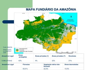 MAPA FUNDIÁRIO DA AMAZÔNIA




 Fonte: IMAZON
 Quem é quem
 na Amazônia? -
 2008
                  Áreas
Amazônia Legal                      Áreas privadas (+)   Áreas privadas (?)   Devolutas
                  protegidas

5.088.270 km2     43%               4%                   32%                  21%

Amazônia Legal          Florestas              Vegetação nativa não-     Áreas desmatadas
                                               florestal
                        63,9 %                 22,5%                     13,5%
 