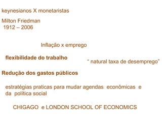 keynesianos X monetaristasMilton Friedman 1912 – 2006Inflação x empregoflexibilidade do trabalho“ natural taxa de desemprego”Redução dos gastos públicosestratégias praticas para mudar agendas econômicas  e da  política social CHIGAGO  e LONDON SCHOOL OF ECONOMICS