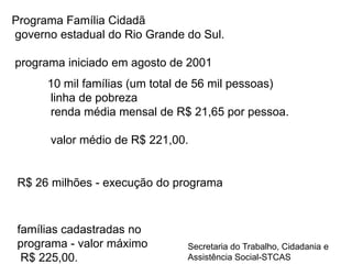 Programa Família Cidadã  governo estadual do Rio Grande do Sul.  programa iniciado em agosto de 200110 mil famílias (um total de 56 mil pessoas) linha de pobreza renda média mensal de R$ 21,65 por pessoa. valor médio de R$ 221,00.R$ 26 milhões - execução do programa famílias cadastradas no programa - valor máximo R$ 225,00. Secretaria do Trabalho, Cidadania e Assistência Social-STCAS