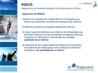 RSECE Objectivos do RSECE Definir as condições de conforto térmico e de higiene que devem ser requeridas nos diferentes espaços dos edifícios; 2) Melhorar a eficiência energética global dos edifícios; 3) Impor regras de eficiência aos sistemas de climatização que permitam melhorar as suas prestações energéticas efectivas e garantir os meios para a manutenção de uma  boa qualidade de ar interior; 4) Inspeccionar com regularidade as práticas de manutenção dos sistemas de climatização como condição de eficiência energética e  da qualidade do ar interior . Regulamento dos Sistemas Energéticos de Climatização em Edifícios 