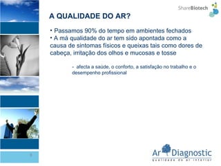 Passamos 90% do tempo em ambientes fechados A má qualidade do ar tem sido apontada como a causa de sintomas físicos e queixas tais como dores de cabeça, irritação dos olhos e mucosas e tosse  -  afecta a saúde, o conforto, a satisfação no trabalho e o desempenho profissional A QUALIDADE DO AR? 