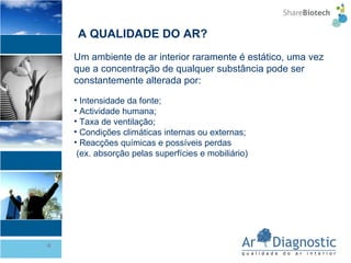 Um ambiente de ar interior raramente é estático, uma vez que a concentração de qualquer substância pode ser constantemente alterada por: Intensidade da fonte; Actividade humana; Taxa de ventilação; Condições climáticas internas ou externas; Reacções químicas e possíveis perdas  (ex. absorção pelas superfícies e mobiliário) A QUALIDADE DO AR? 