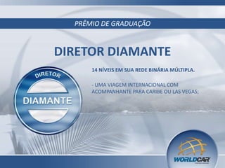 PRÊMIO DE GRADUAÇÃO
DIRETOR DIAMANTE
14 NÍVEIS EM SUA REDE BINÁRIA MÚLTIPLA.
- UMA VIAGEM INTERNACIONAL COM
ACOMPANHANTE PARA CARIBE OU LAS VEGAS;
 