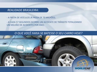 REALIDADE BRASILEIRA:
- A FROTA DE VEÍCULOS JÁ PASSA DE 70 MILHÕES;
- A CADA 57 SEGUNDOS OCORRE UM ACIDENTE DE TRÂNSITO TOTALIZANDO
UM MILHÃO DE ACIDENTES POR ANO;
O QUE VOCÊ FARIA SE BATESSE O SEU CARRO HOJE?
 