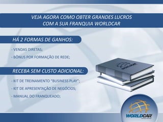 VEJA AGORA COMO OBTER GRANDES LUCROS
COM A SUA FRANQUIA WORLDCAR

HÁ 2 FORMAS DE GANHOS:
- VENDAS DIRETAS;
- BÔNUS POR FORMAÇÃO DE REDE;

RECEBA SEM CUSTO ADICIONAL:
- KIT DE TREINAMENTO “BUSINESS PLAY”;
- KIT DE APRESENTAÇÃO DE NEGÓCIOS;

- MANUAL DO FRANQUEADO;

 