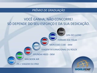 PRÊMIO DE GRADUAÇÃO

VOCÊ GANHA, NÃO CONCORRE!
SÓ DEPENDE DO SEU ESFORÇO E DA SUA DEDICAÇÃO.
10% DO LUCRO
FERRARI 458 ITÁLIA
MERCEDES C180 - 0KM
VIAGEM INTERNACIONAL OU ROLEX
HYUNDAI HB20 - 0KM
MACBOOK AIR
2% + VIAGEM OU IPAD

 