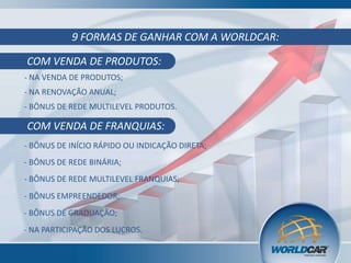 9 FORMAS DE GANHAR COM A WORLDCAR:

COM VENDA DE PRODUTOS:
- NA VENDA DE PRODUTOS;
- NA RENOVAÇÃO ANUAL;
- BÔNUS DE REDE MULTILEVEL PRODUTOS.

COM VENDA DE FRANQUIAS:
- BÔNUS DE INÍCIO RÁPIDO OU INDICAÇÃO DIRETA;
- BÔNUS DE REDE BINÁRIA;
- BÔNUS DE REDE MULTILEVEL FRANQUIAS;

- BÔNUS EMPREENDEDOR;
- BÔNUS DE GRADUAÇÃO;
- NA PARTICIPAÇÃO DOS LUCROS.

 