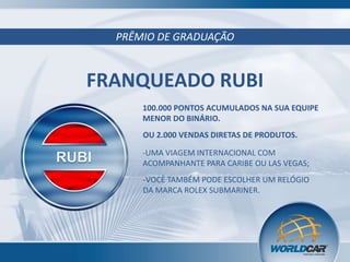 PRÊMIO DE GRADUAÇÃO

FRANQUEADO RUBI
100.000 PONTOS ACUMULADOS NA SUA EQUIPE
MENOR DO BINÁRIO.
OU 2.000 VENDAS DIRETAS DE PRODUTOS.
-UMA VIAGEM INTERNACIONAL COM
ACOMPANHANTE PARA CARIBE OU LAS VEGAS;
-VOCÊ TAMBÉM PODE ESCOLHER UM RELÓGIO
DA MARCA ROLEX SUBMARINER.

 
